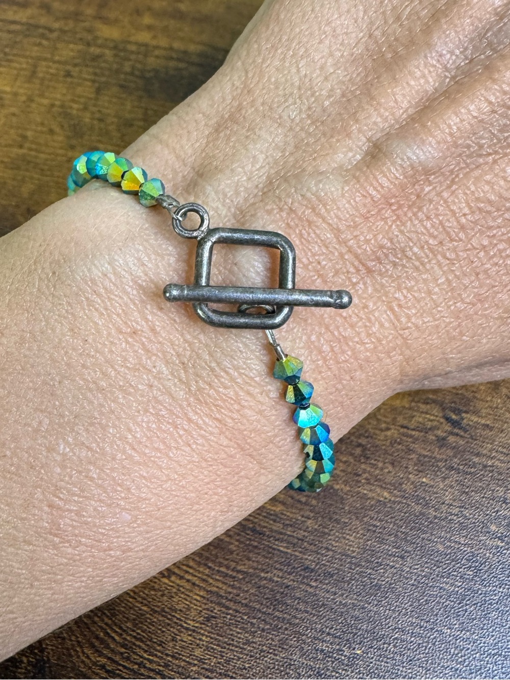 Green Crystal Beaded Bracelet Square Sterling Silver Clasp Pixie Whimsigoth